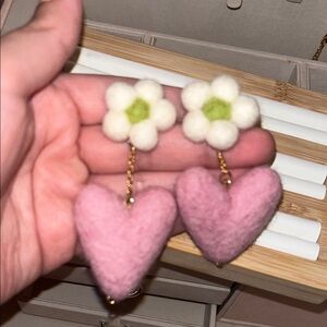 Pink Heart and White Flower Earrings